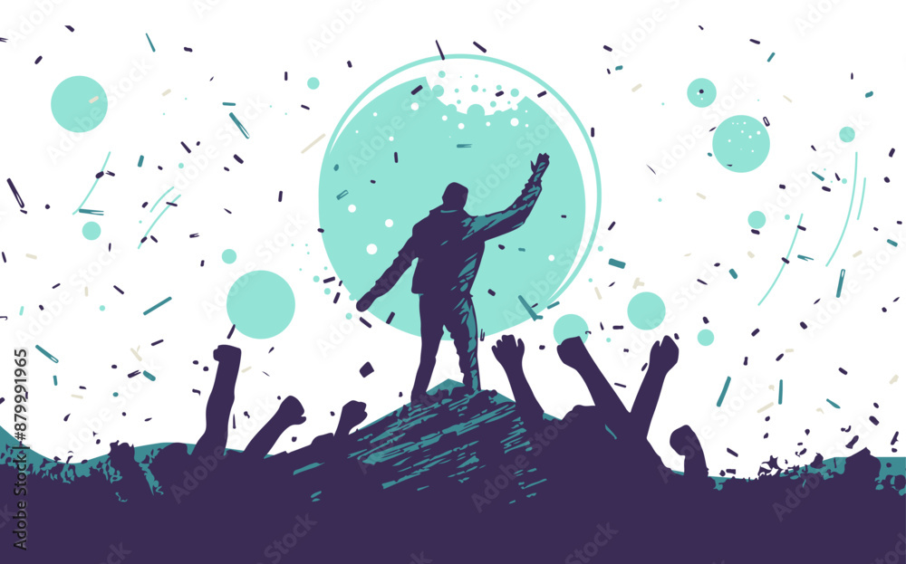 Mental Health Concept person standing on peak surrounded by cheering crowd confetti in background abstract design blue and purple colors Mental Health Concept person standing on peak surrounded by cheering crowd confetti in background abstract design blue and purple colors