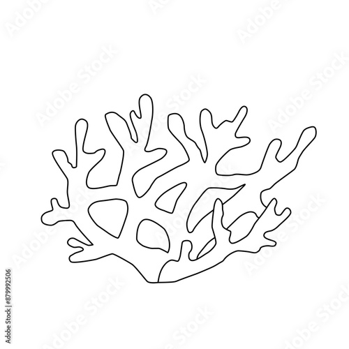 Black and white silhouette of sea coral reef. Underwater flora and fauna. Monochrome outline drawing. Vector illustration. Clipart for coloring pages, design, cards, packaging, labels.