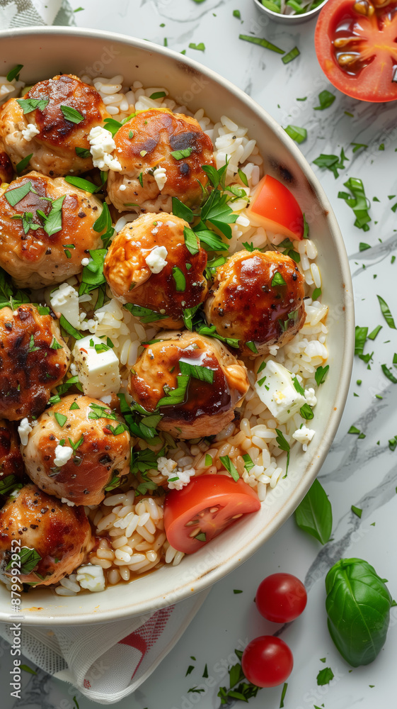 Aromatic Greek Chicken Meatballs With Fluffy Rice and Fresh Herbs Aromatic Greek Chicken Meatballs With Fluffy Rice and Fresh Herbs