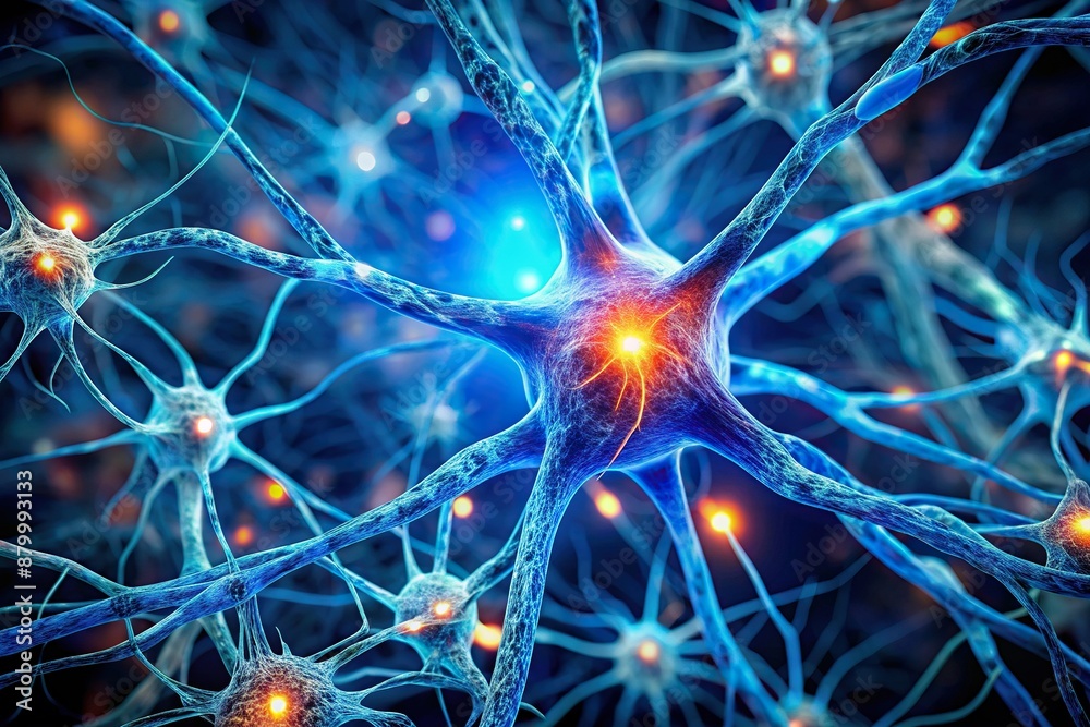 Vibrant blue microscope illumination highlights a single neuron's intricate structure, revealing synapses and fibers in a laboratory setting for scientific investigation and discovery.