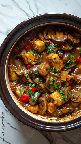 A Bird's Eye View of a Slow Cooker Full of Savory Stew photo