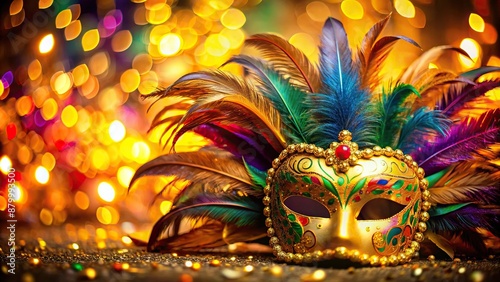 Vibrant gold Venetian carnival mask adorned with colorful feathers and decorative accents, set against a blurred festive background, capturing the essence of a joyful celebration.