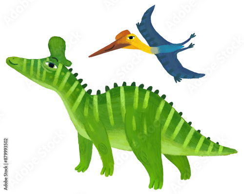 cartoon happy and funny colorful prehistoric dinosaur dino lambeosaurus and quetzalcoatlus pterodactyl bird flying isolated illustration for children photo