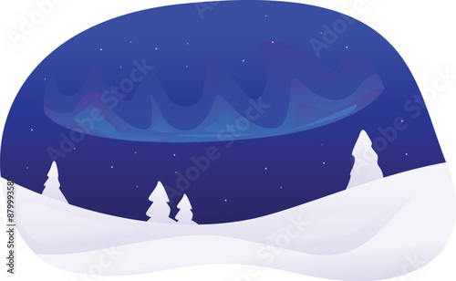 Illustration featuring a snowy landscape illuminated by the northern lights