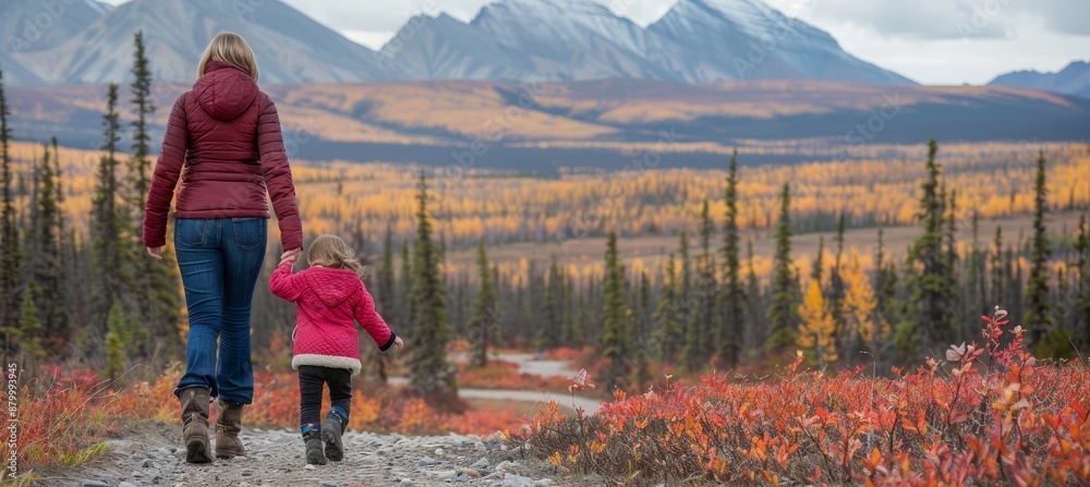Naklejka premium Mother and daughter walking hand in hand on scenic trail with majestic mountains in the background