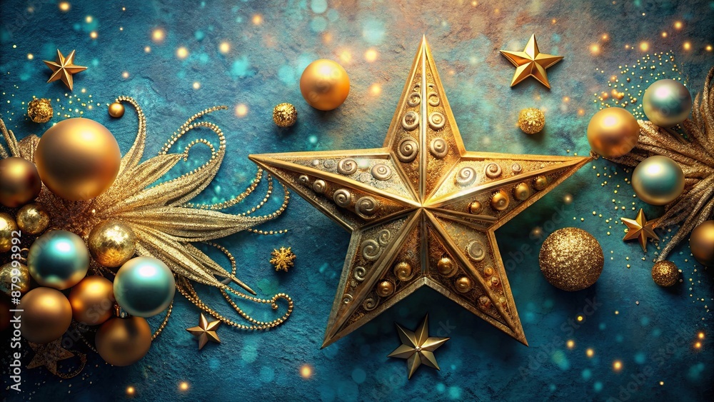 Luxurious golden stars and shimmering ornaments adorn a vintage blue background, exuding elegant comeliness, perfect for Christmas and New Year 2024 decorations, evoking festive sophistication. Luxurious golden stars and shimmering ornaments adorn a vintage blue background, exuding elegant comeliness, perfect for Christmas and New Year 2024 decorations, evoking festive sophistication.
