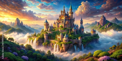 Majestic towering castle with grandiose architecture, vibrant colorful hues, and intricate details set amidst a whimsical fantasy world with misty mountains and lush forests.