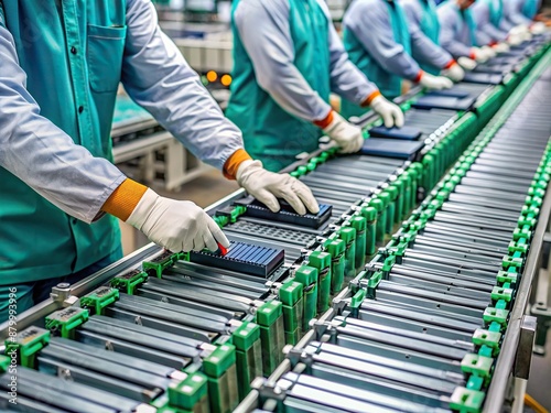 Workers' gloved hands absent, rows of lithium-ion batteries on assembly lines undergo meticulous inspection and precise assembly to ensure quality and safety compliance. photo