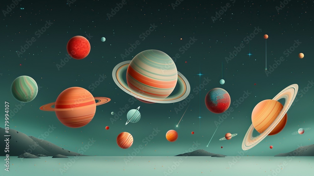Naklejka premium Space-themed backgrounds with celestial elements like stars, planets, and galaxies evoking a sense of wonder and the infinite beauty of the cosmos Illustration, Image, , Minimalism,