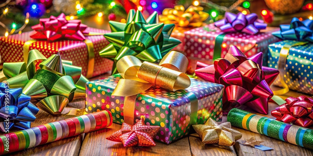 Vibrant wrapping paper, colorful ribbons, and sparkling bows scattered on a festive table, showcasing joyful holiday gift wrapping, evoking a sense of warmth and cheerfulness. Vibrant wrapping paper, colorful ribbons, and sparkling bows scattered on a festive table, showcasing joyful holiday gift wrapping, evoking a sense of warmth and cheerfulness.