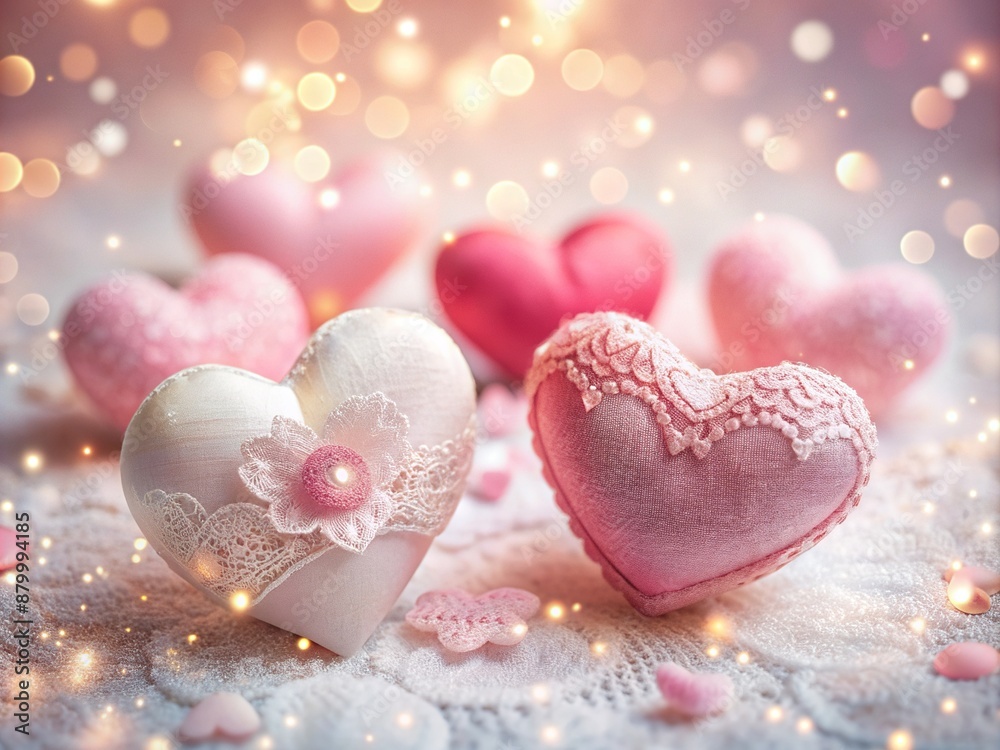 Soft focus pastel pink and red hearts float gently on a white background, surrounded by subtle sparkle and delicate lace, evoking a romantic Valentine's ambiance. Soft focus pastel pink and red hearts float gently on a white background, surrounded by subtle sparkle and delicate lace, evoking a romantic Valentine's ambiance.