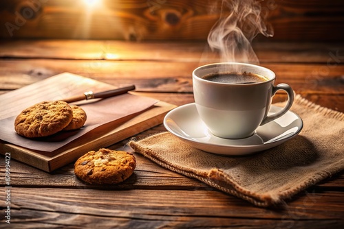 Softly lit, worn wooden table holds a steaming cup of coffee, a freshly baked cookie, and a handwritten note that exudes warmth and heartfelt gestures of kindness.