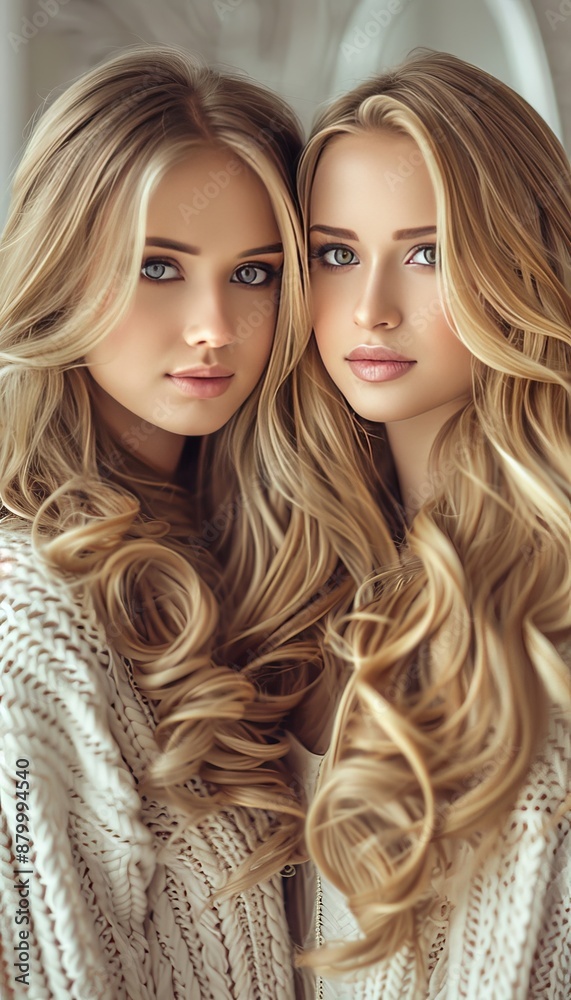 Cheerful portrait of two young blonde women in a stylish beige and silver setting Cheerful portrait of two young blonde women in a stylish beige and silver setting