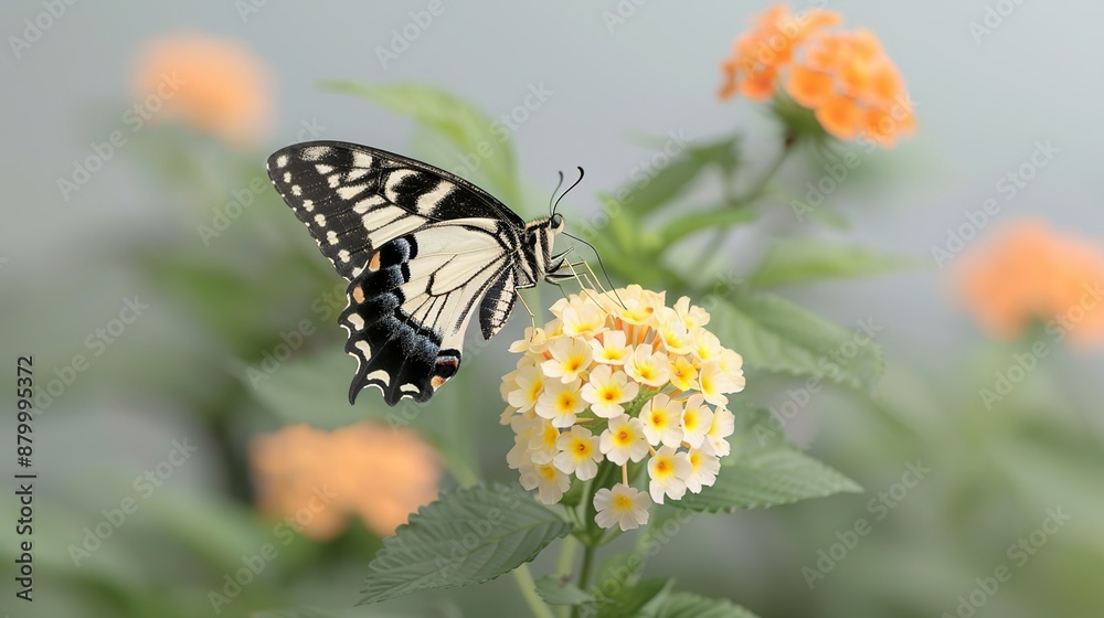 Close-up of a beautiful butterfly perched on a bright flower in a lush garden symbolizing the delicate balance of nature Illustration, Image, , Minimalism, Close-up of a beautiful butterfly perched on a bright flower in a lush garden symbolizing the delicate balance of nature Illustration, Image, , Minimalism,
