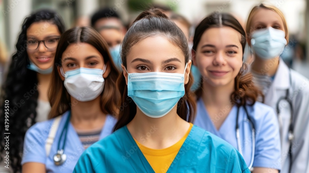 Dedicated multicultural healthcare team in masks and scrubs collaborating in a busy hospital ward Dedicated multicultural healthcare team in masks and scrubs collaborating in a busy hospital ward