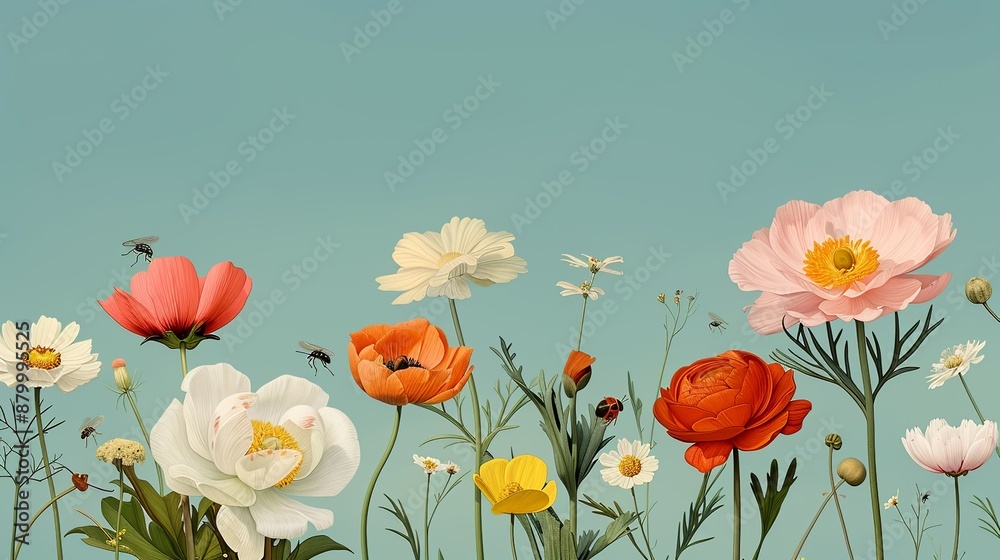 A vibrant and colorful garden scene filled with diverse flowers and insects buzzing around highlighting the interconnectedness of nature Illustration, Image, , Minimalism, A vibrant and colorful garden scene filled with diverse flowers and insects buzzing around highlighting the interconnectedness of nature Illustration, Image, , Minimalism,
