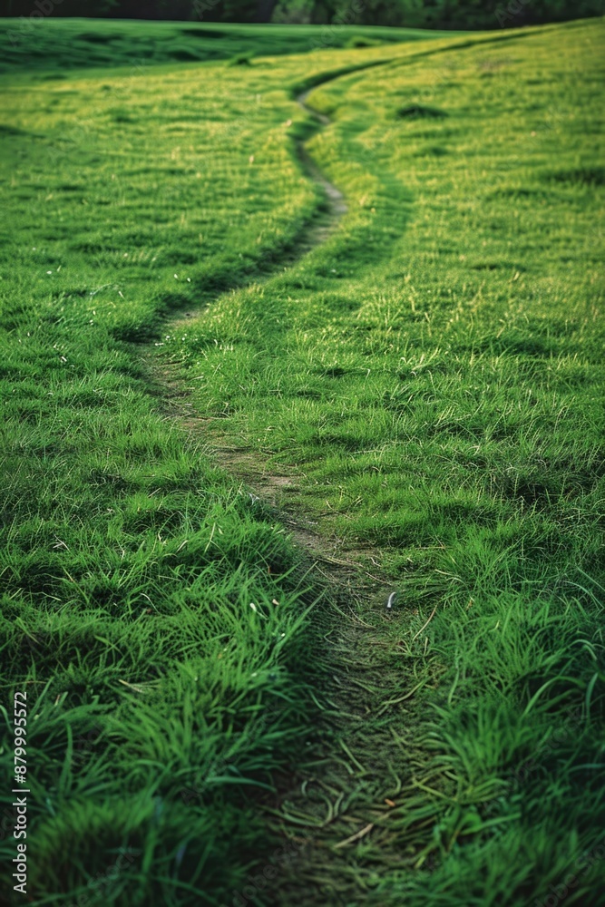 A serene landscape featuring a well-manicured grassy field with a winding path running through its center A serene landscape featuring a well-manicured grassy field with a winding path running through its center