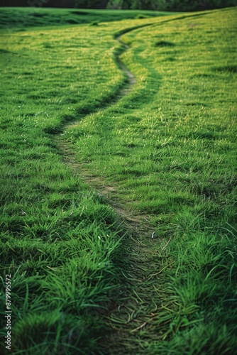 A serene landscape featuring a well-manicured grassy field with a winding path running through its center