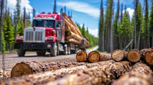 Truck transporting timber from forest, with stack of wooden pellets in foreground