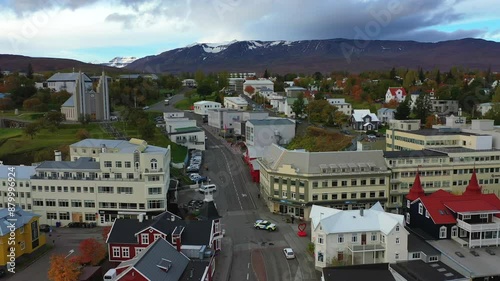 Aerial drone footage of a small town in Iceland.