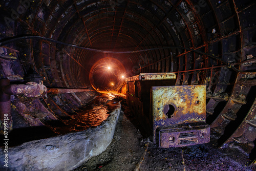 Fototapeta Naklejka Na Ścianę i Meble -  Old abandoned subway construction tunnel with rusty trolley locomotive