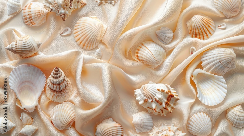 Silken background adorned with seashells Silken background adorned with seashells