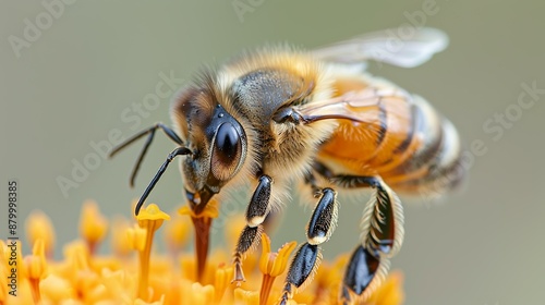 Close-up of a honeybee collecting nectar from a bright flower in a lush garden highlighting the intricate details and beauty of insects in nature Illustration, Image, , Minimalism,