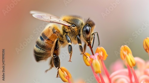 Close-up of a honeybee collecting nectar from a bright flower in a lush garden highlighting the intricate details and beauty of insects in nature Illustration, Image, , Minimalism, © DARIKA