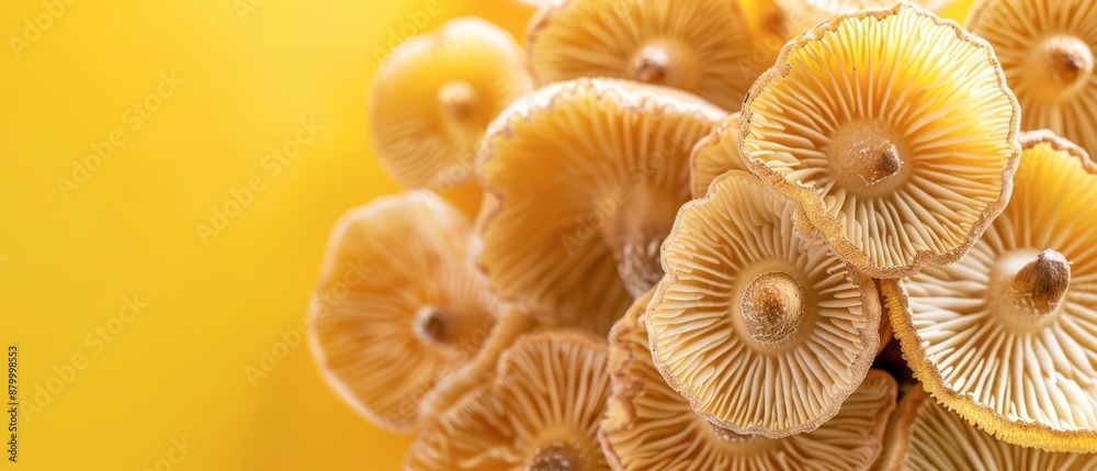 Close Up of Fresh Yellow Mushrooms Against Yellow Background Close Up of Fresh Yellow Mushrooms Against Yellow Background