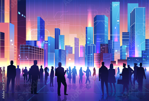 Silhouettes of people in futuristic cityscape digital urban environment vibrant colors skyscrapers neon lights modern city background