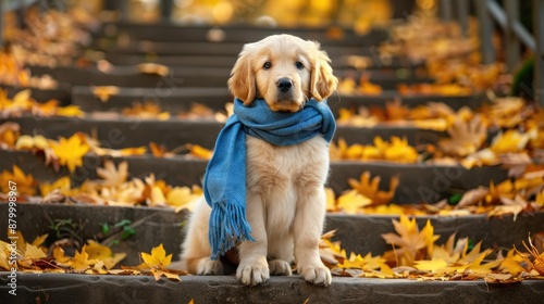 Young golden retriever puppy in blue scarf sitting on stairs near yellow leaves autumn park scene