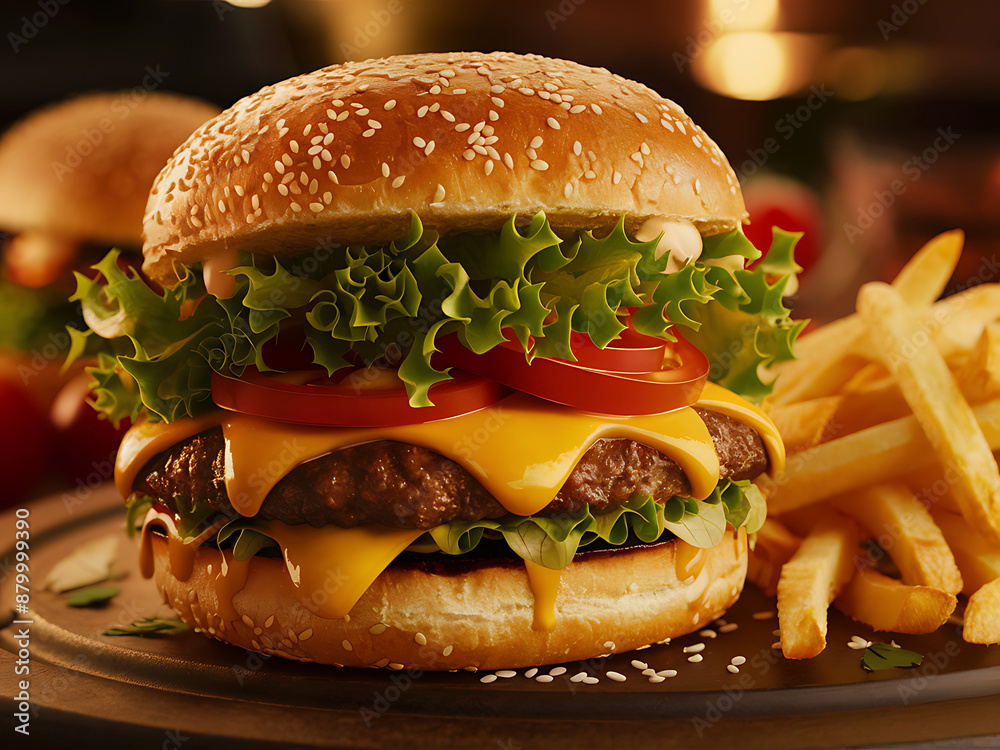 Tasty Cheeseburger with french fries and fire, with tomatoes lettuce and pickles on a wooden plate and friest at the back Tasty Cheeseburger with french fries and fire, with tomatoes lettuce and pickles on a wooden plate and friest at the back