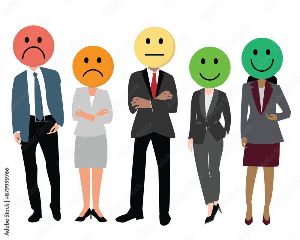 customer satisfaction with emoticon face of satisfied and unsatisfied experience for businessman and businesswoman customer satisfaction with emoticon face of satisfied and unsatisfied experience for businessman and businesswoman