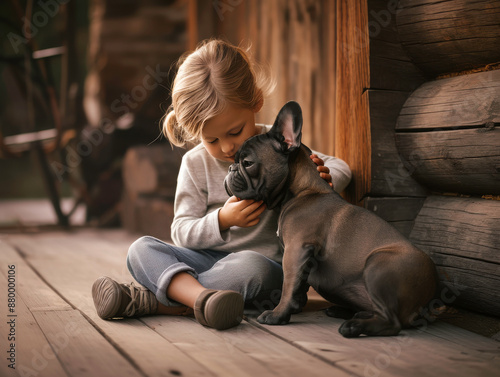 Child with French Bulldog on Porch
