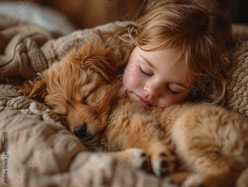 Child and Puppy Sleeping Together
