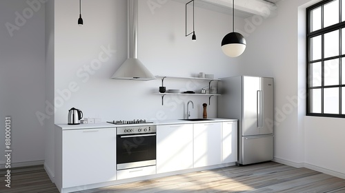 A bright and airy minimalist kitchen with open shelving and sleek appliances creating a functional and aesthetically pleasing space for cooking and dining Illustration, Image, , Minimalism,