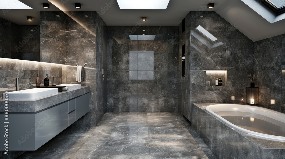 Obraz premium A grey marble bathroom with sleek LED lighting fixtures, a contemporary double vanity with integrated sinks, and a freestanding tub under a skylight.