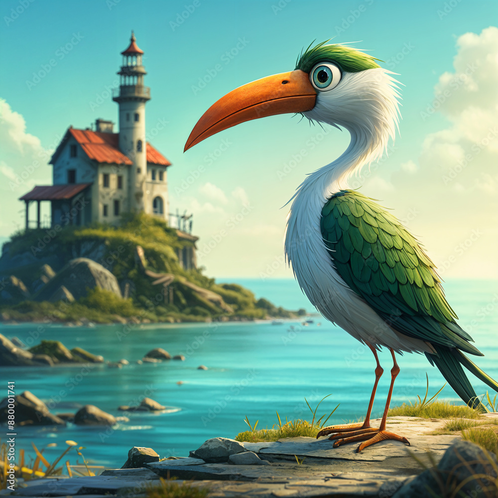 Fototapeta premium Cartoon bird on a rocky shore.