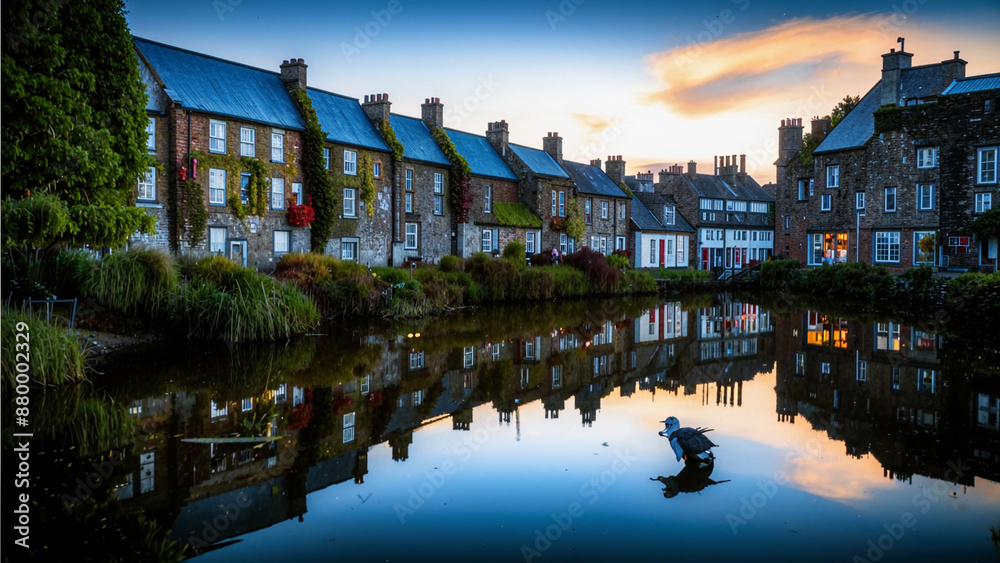 Fototapeta premium arafed view of a canal with a boat in it and a building in the background