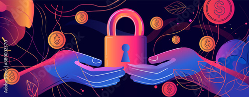 Hands holding padlock digital security concept vibrant colors abstract background coins leaves