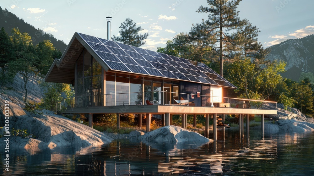 Picture of A lakeside retreat with panoramic views of the water, its modern facade ...