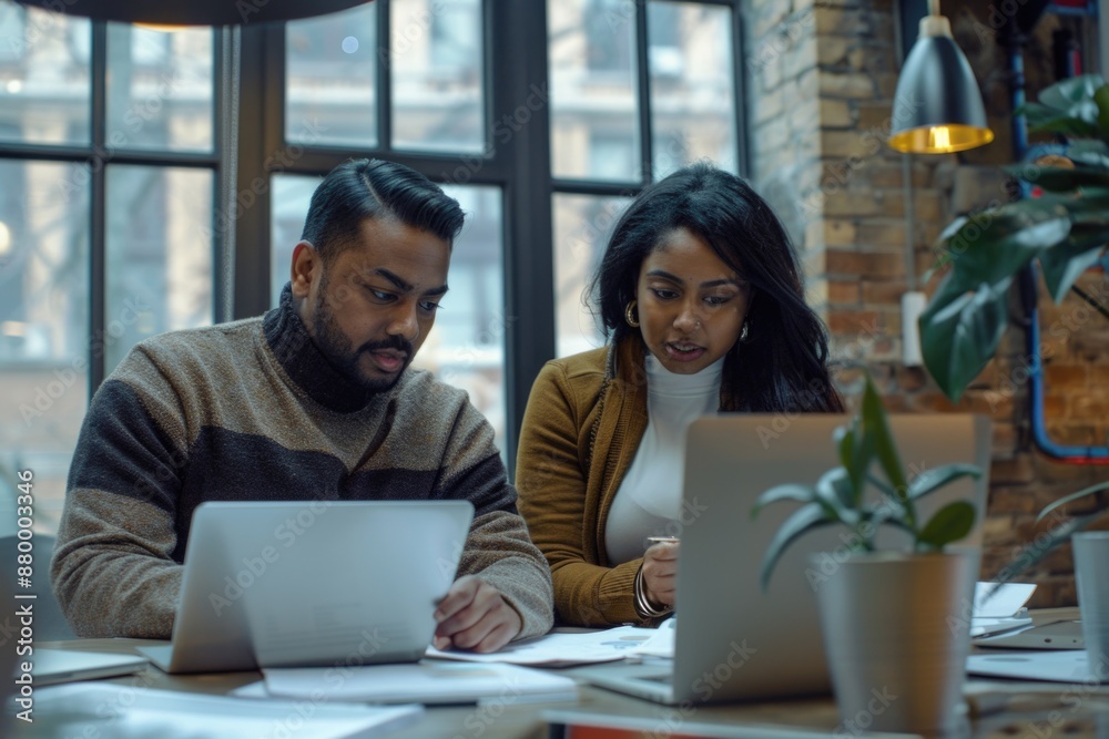 A couple sitting together at a table, focused on a laptop A couple sitting together at a table, focused on a laptop