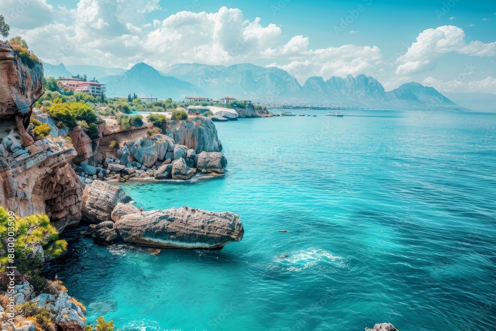Naklejka premium Turquoise waters on the captivating antalya coastline, ideal for relaxation and exploration