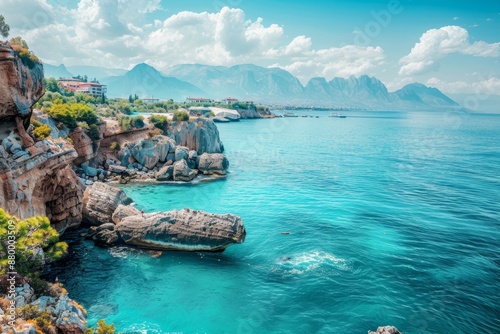 Fototapeta Naklejka Na Ścianę i Meble -  Turquoise waters on the captivating antalya coastline, ideal for relaxation and exploration