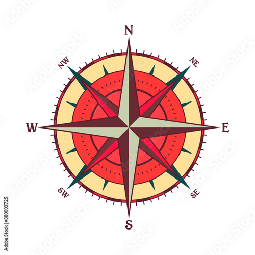 Vintage marine wind rose, nautical chart. Colorful navigational compass with cardinal directions of North, East, South, West. Geographical position, cartography and navigation. Vector illustration