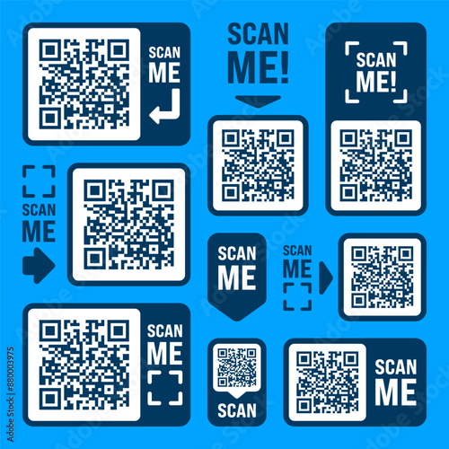 Scan me QR code sticker with text. Online payment. Special offer sale stickers, shopping discount label, promotional badge. Product serial number. Supermarket retail price tag. Vector illustration