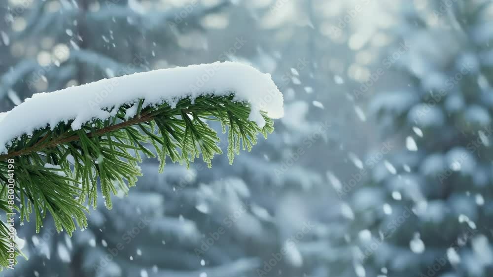 Snow falling on pine tree branch in winter forest