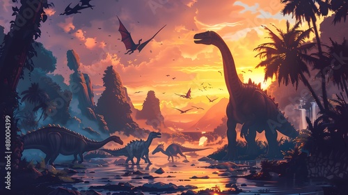 Illustration of Various Dinosaurs in a Prehistoric SettingIllustration of Various Dinosaurs in a Prehistoric Setting photo