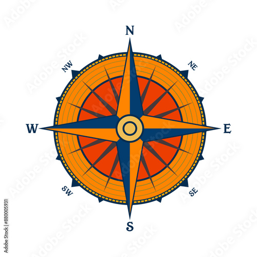 Vintage marine wind rose, nautical chart. Colorful navigational compass with cardinal directions of North, East, South, West. Geographical position, cartography and navigation. Vector illustration