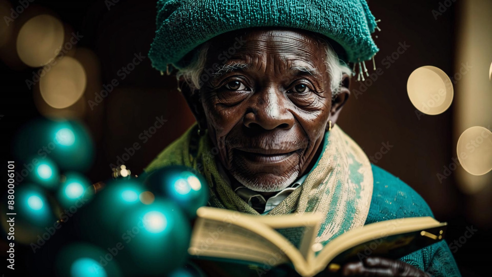 Fototapeta premium a man reading a book with a green hat on
